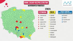 aktualna lista powiatów w strefei czerwonej i żółtej fot. WUW