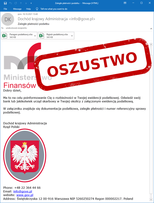 mail rzekomo od ministerstwa finansów fot. CERT Polska